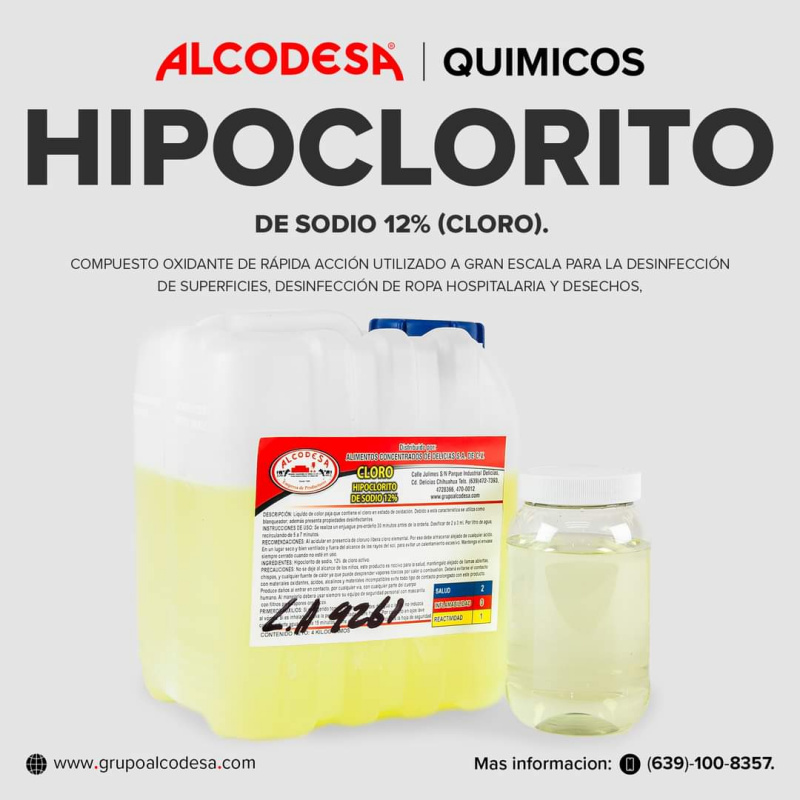 En ALCODESA encuentras el Hipoclorito de Sodio 12% para la desinfección de superficies, ropa, agua y eliminación de olores